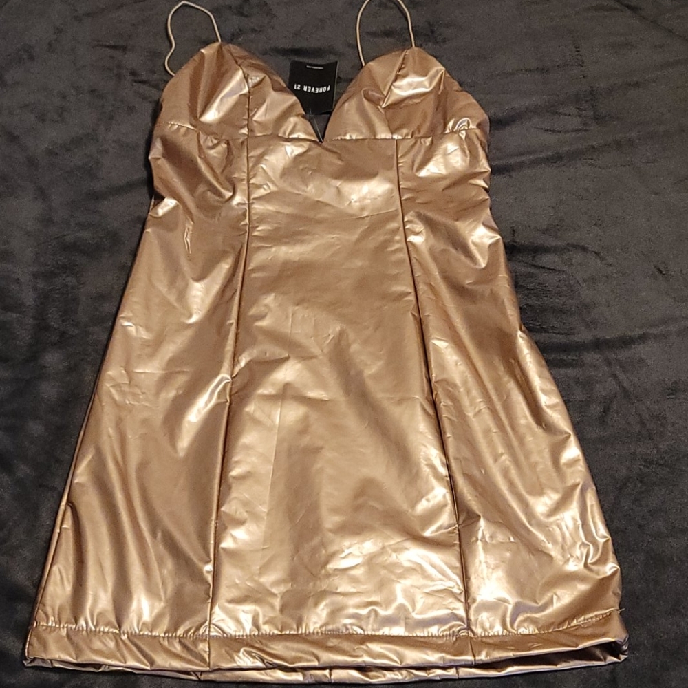 *3/$15 Nwt Forever21 Faux Leather Gold Mini Party Dress S